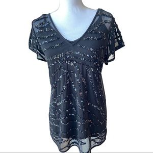 WHBM Black Sequins V Neck Top